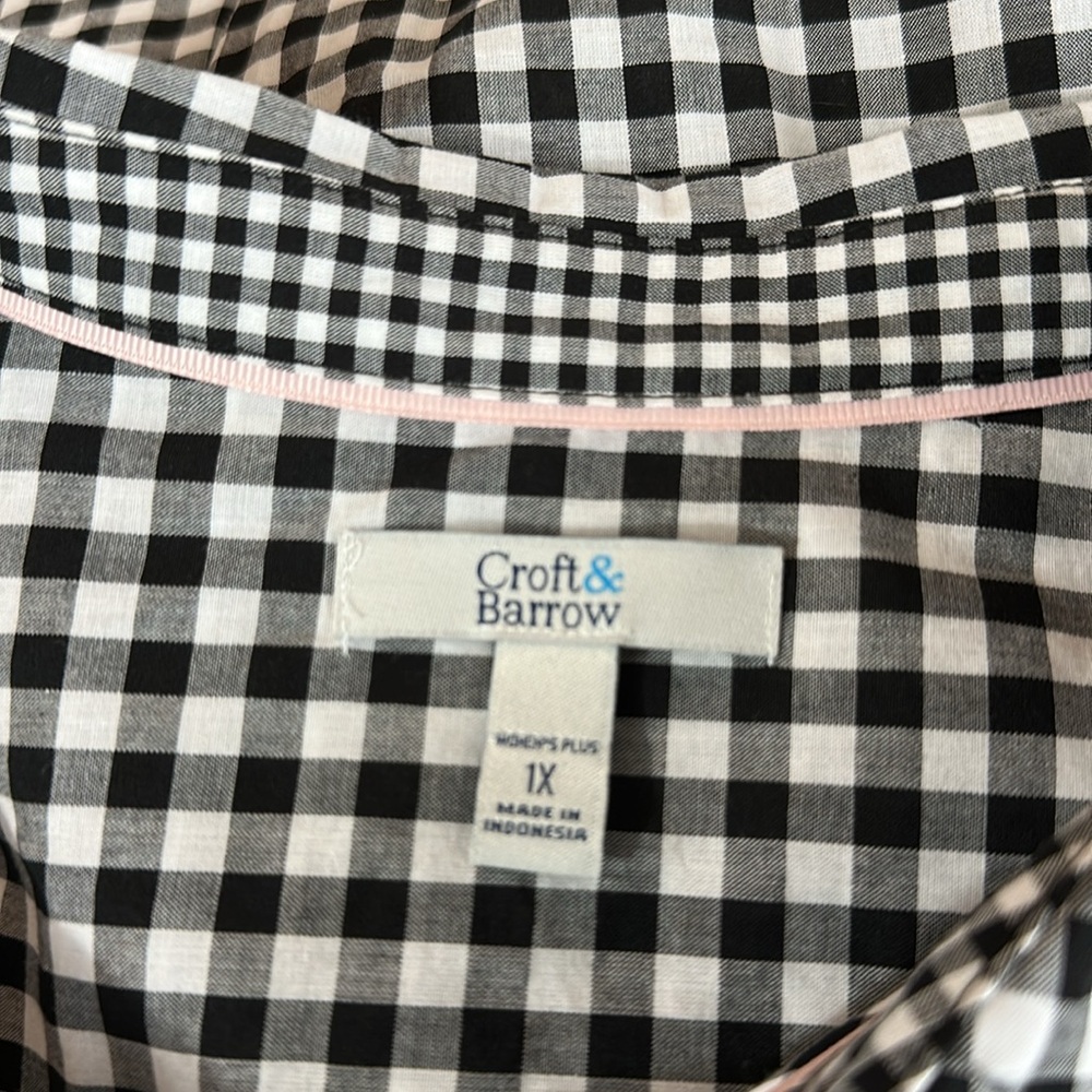 Croft & Barrow Shirt Black White Gingham Button Up Roll Tab 3/4 Sleeve 1X - Picture 6 of 7